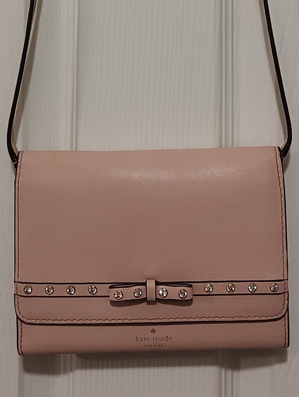 kate spade Laurel Way Blush Pink Leather Crossbody with Crystal Studded Bow Trim